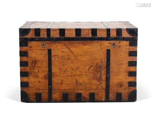 LARGE BLACK STRAP SHIPPING TRUNK, W. ANDREWS LABEL