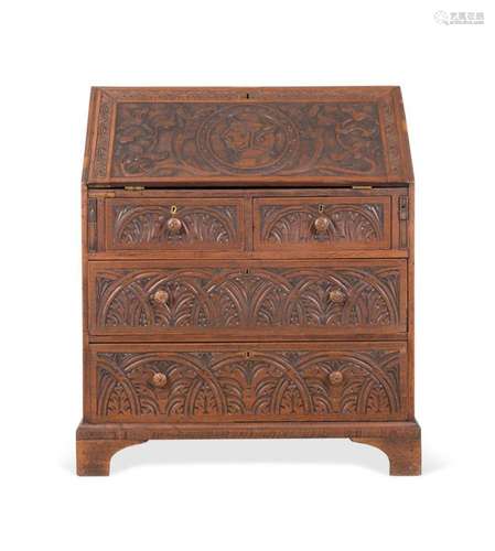 ENGLISH OAK ANTIQUARIAN DROP FRONT DESK, C. 1900