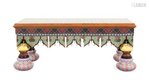 MACKENZIE-CHILDS TILE TOP TABLE WITH BEADED FRINGE