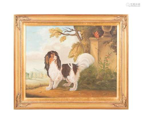 AMERICAN SCHOOL O/C OF A SPANIEL IN A LANDSCAPE