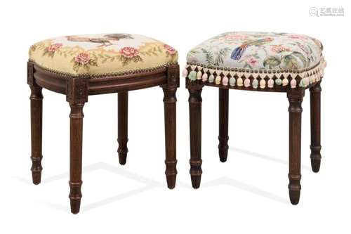 TWO NEEDLEWORK UPHOLSTERED FOOT STOOLS W/ BIRDS