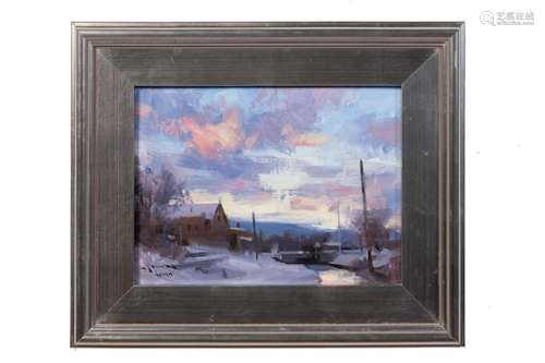 MITCH BAIRD, "BELLOWS FALLS, " OIL ON CANVAS BOARD