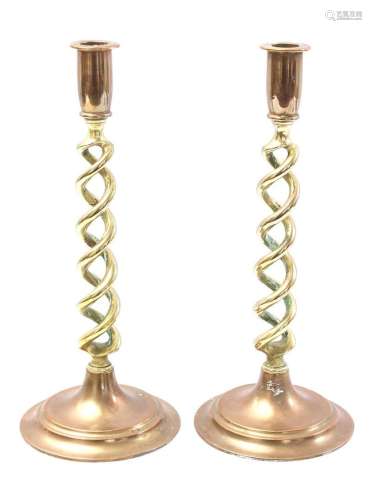 2 brass open twisted candlesticks