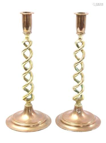 2 brass open twisted candlesticks