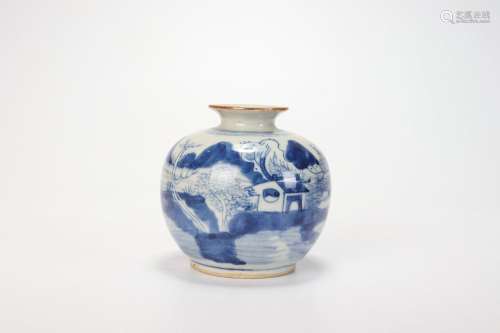 Un pot en porcelaine bleu et blanc avec des personnages et d...