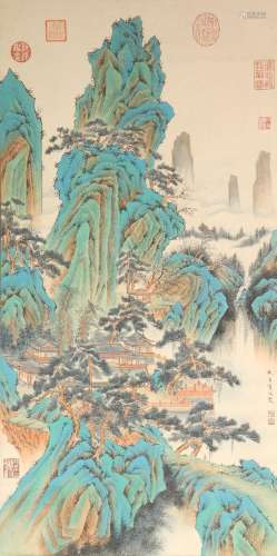 Qiu Ying, paysage en bleu et vert