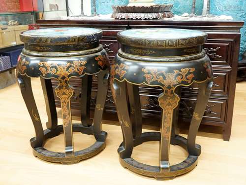 A pair of Chinese black lacquered stools w/ cloisonne tops(1...