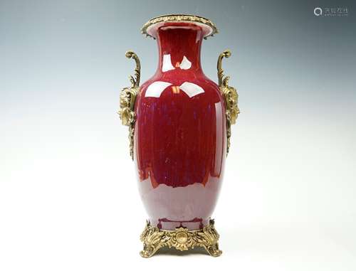 A Red Flambe Vase w/ Brass Foliate Ornamentation