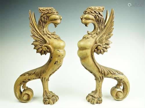 A Pair of  Wooden Griffin Pedesta-19th C