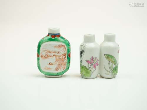 TWO FAMILLE ROSE PORCELAIN SNUFF BOTTLES