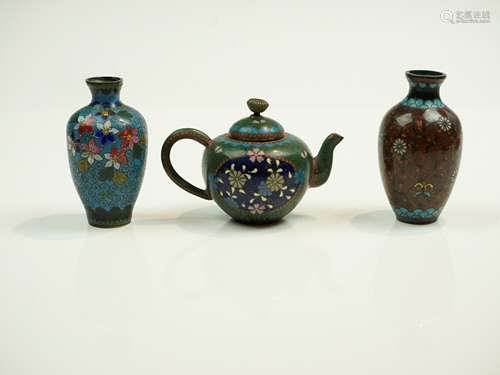 Two Japanese cloisonne vases and a Small Teapot with cover, ...