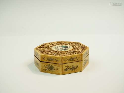 Chinese Ox Bone Carved Eight Immortals Octagonal Box