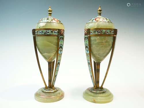 PAIR OF LOUIS XVI STYLE CLOISONNE GREEN QUARTZ VASES