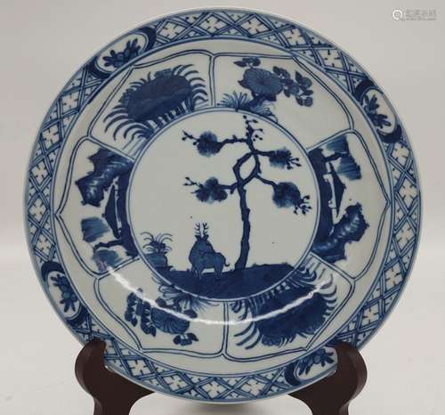 A Blue and White 'Pine and Deer'Plate - Qing Dynasty