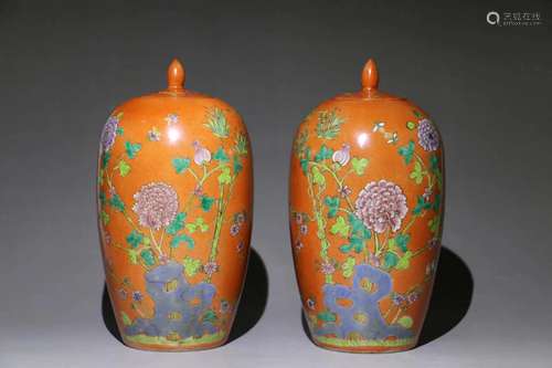 Pair of Famille Rose Persimmon Porcelain Ginger Jars