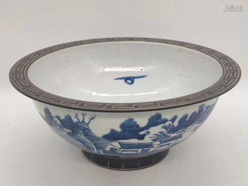 Chinese Porcelain Landscape Bowl - Blue and White