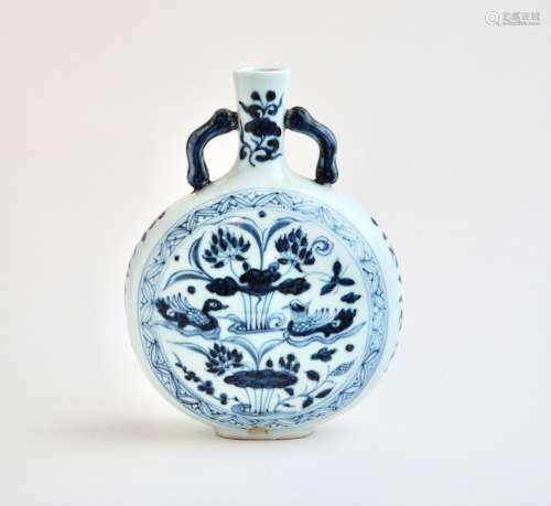 A Chinese Ming style blue and white 'Lotus Pond' moonflask, ...