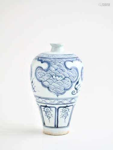 A Chinese Yuan style blue and white 'Crashing waves' meiping...