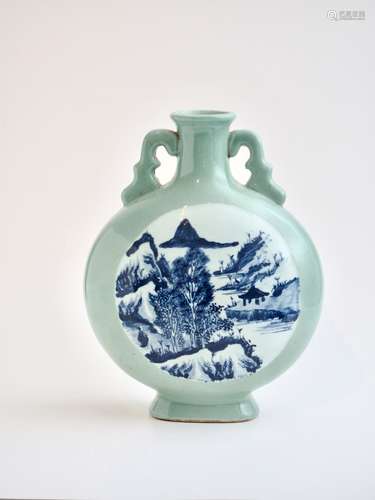 A Chinese celadon glazed 'Landscape' moonflask, Kangxi mark,...