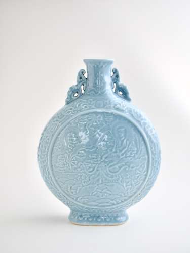 A Chinese carved claire-de-lune glazed 'Dragon' moon flask, ...