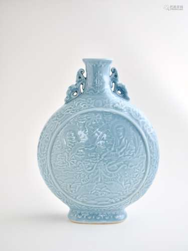 A Chinese carved claire-de-lune glazed 'Dragon' moon flask, ...