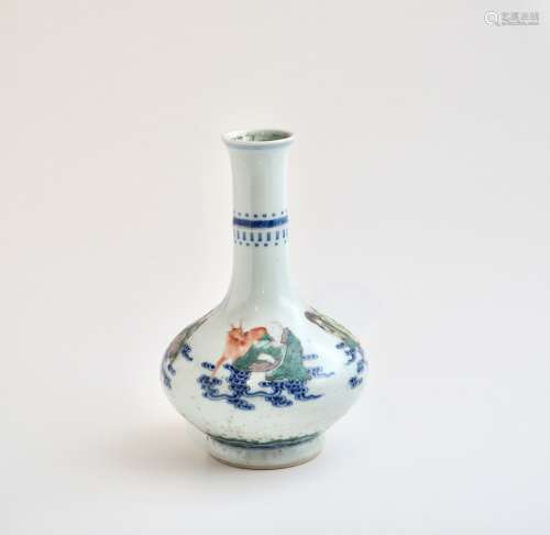A Chinese wucai 'Daoist Monks' bottle vase, Kangxi mark, H 2...