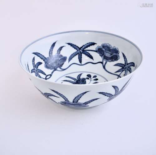 A Chinese blue and white 'Lily' bowl, Xuande mark, H 12 - di...