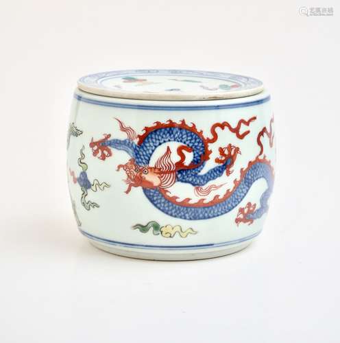 A Chinese wucai 'Dragon' barrel-shaped jar and cover, Xuande...