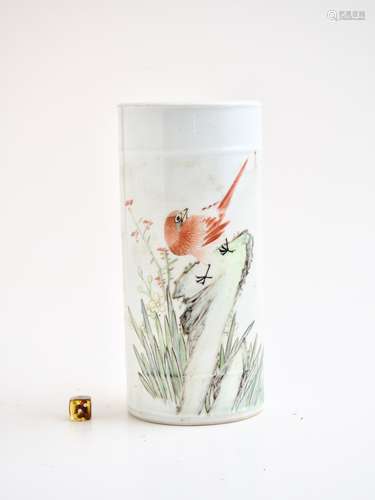 A Chinese Qianjiangcai 'Bird in landscape' cylindrical vase,...