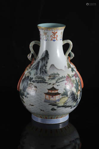 A Chinese famille rose 'Mountain landscape' pear-shaped vase...