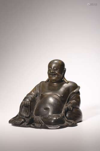 A Chinese bronze figure of Budai, L 13,5 - H 6,5 cm