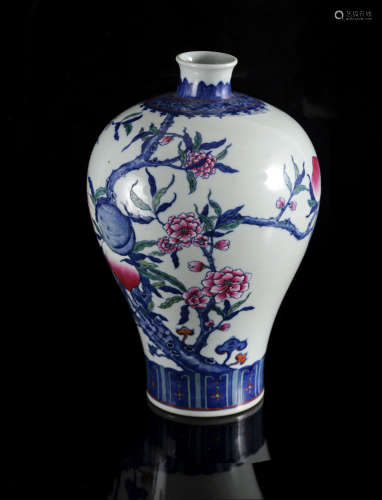 A Chinese underglaze blue and famille rose 'Peaches' meiping...