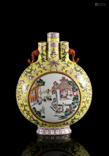 A Chinese famille jaune 'Farmhouse' moonflask, Qianlong mark...