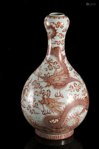 A Chinese iron-red 'Dragon' garlic-mouth pear-shaped vase, G...