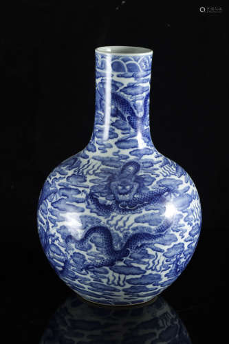 A Chinese blue and white 'Five-clawed dragon' tianqiuping bo...