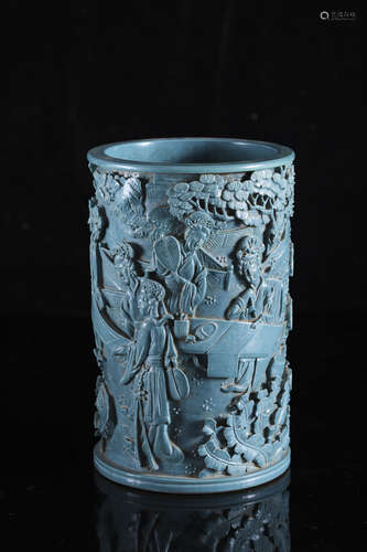 A Chinese turquoise glazed 'Beauties in a garden' brush pot,...