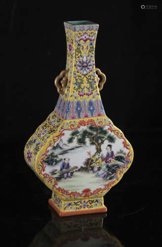 A Chinese famille jaune 'Lady and boys' bottle vase, Qianlon...