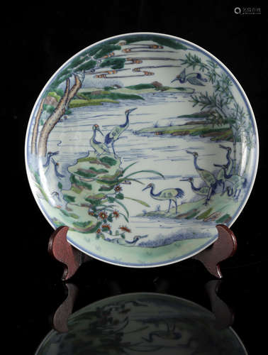 A Chinese doucai 'Crane at lake' plate, dia 27 cm