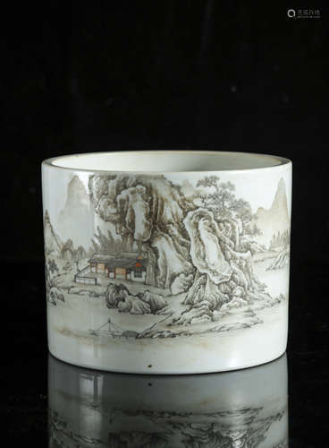 A Chinese famille rose and grisaille 'Landscape' brush pot, ...