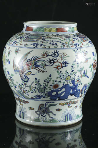 A Chinese Ming style wucai 'Phoenix in garden' guan wine jar...