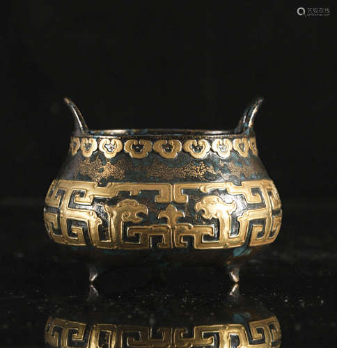 A Chinese gilt ground 'Bronze immitation' tripod censer, H 8...