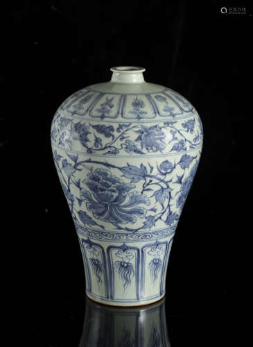 A Chinese Yuan style blue and white 'Lotus scroll' meiping v...