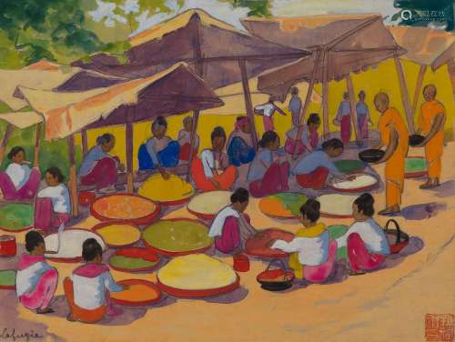 Léa LAFUGIE (1890-1972)<br />
Scène de marché à Mandalay en ...