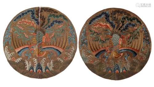 Pair Of Embroidered 'Phoenix' Silk Roundel, Kangxi P...