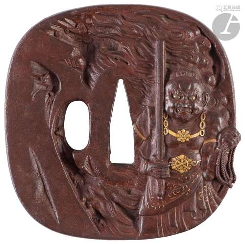 Très belle tsuba en fer roux, école Hamano, Japon, époque Ed