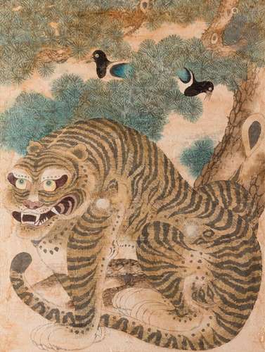 Peinture représentant un tigre et deux pies dans un pin, éco