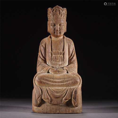 A WOODEN CARVED FIGURE OF BUDDHA STATUE