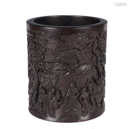 A CARVED R0SEW00D FIGURAL BRUSH POT