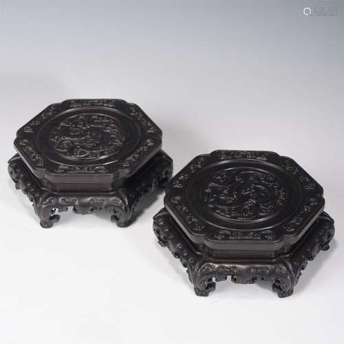 TWO ZITAN WOODEN HEXAGONAL PEDESTALS,QING