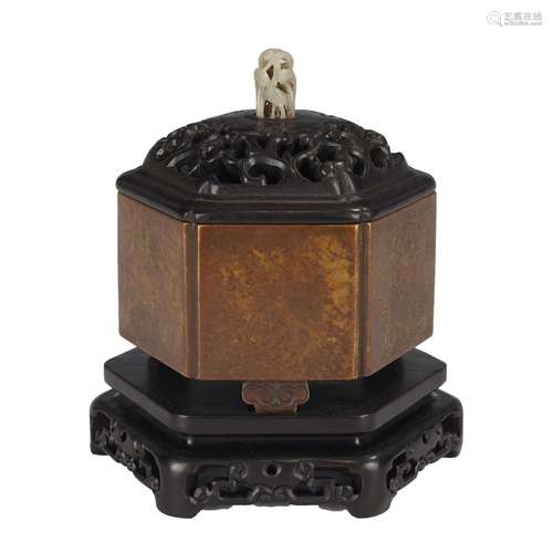 A BRONZE HEXAGONAL INCENSE BURNER